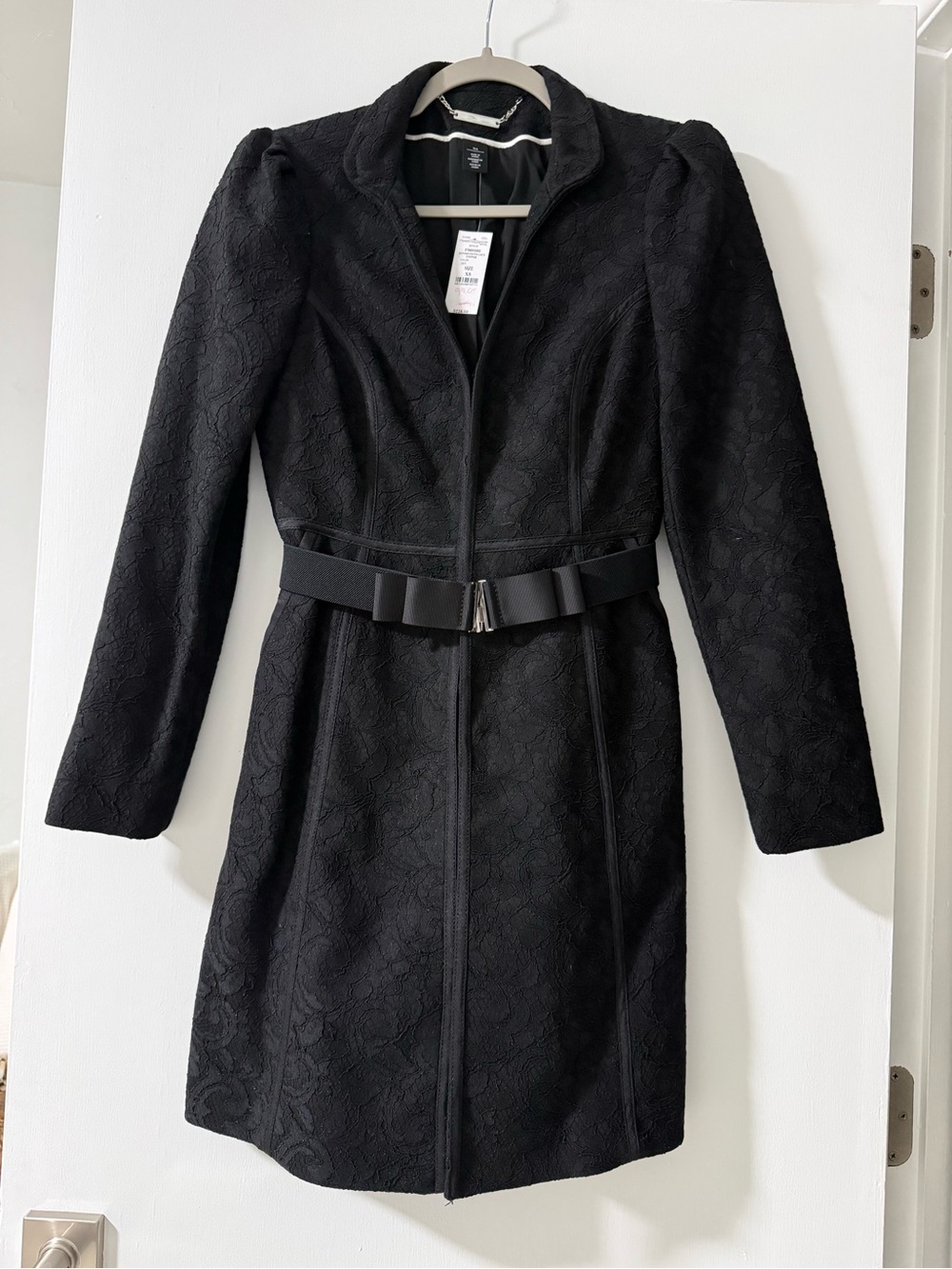 WHBM- Women's Bonded Ponte Lace Topper Coat with Bow Waist Belt - Black XS